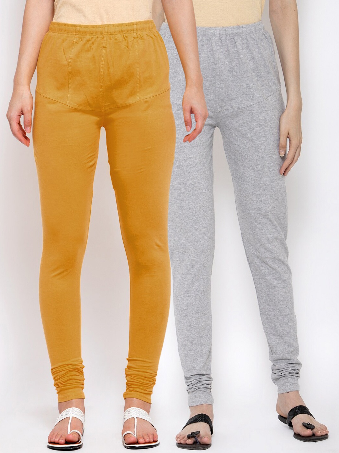 

KLOTTHE Women Pack Of 2 Solid Cotton Churidar-Length Leggings, Mustard