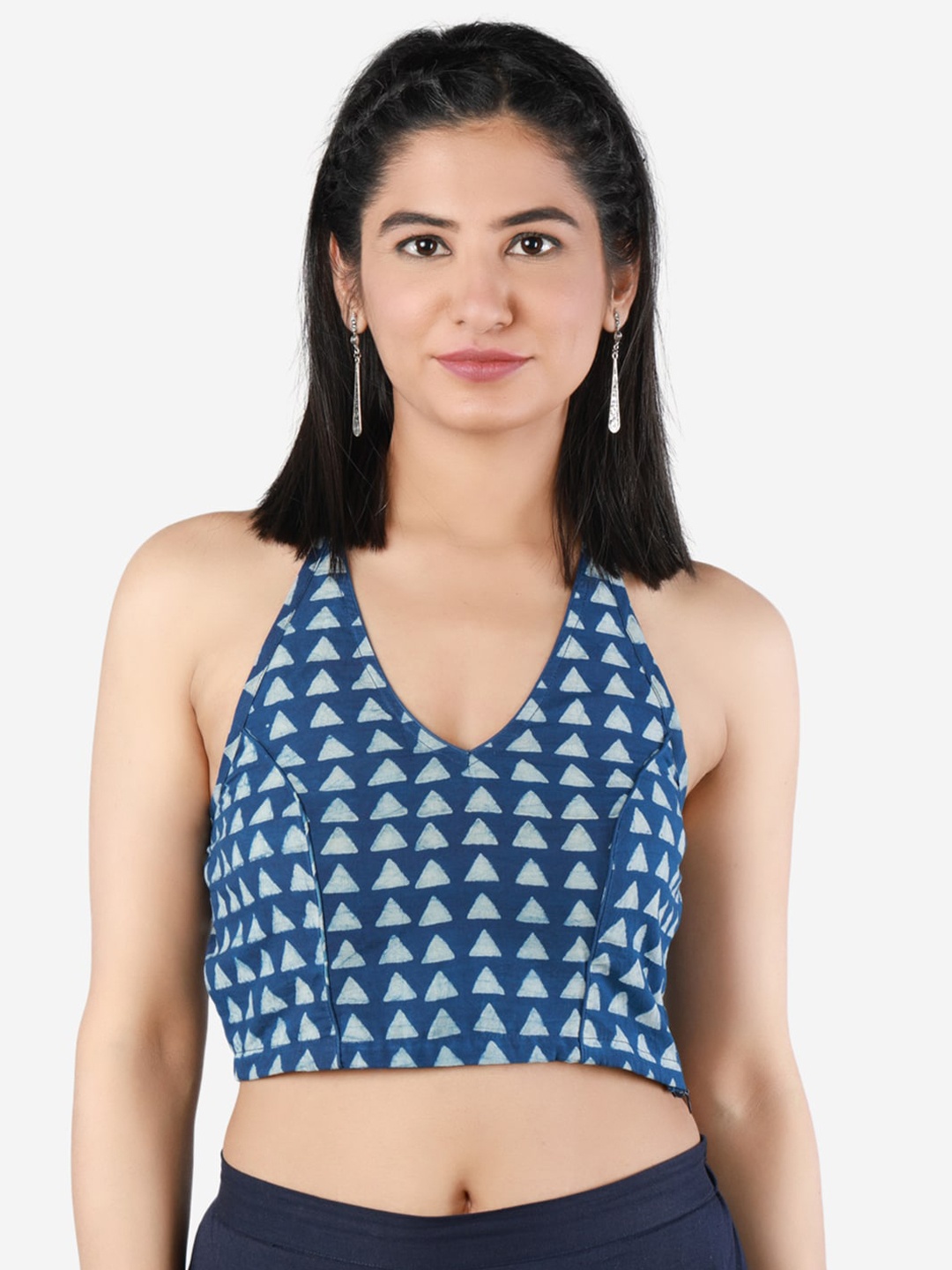 Llajja Women Blue & White Printed Non-Padded Pure Cotton Saree Blouse