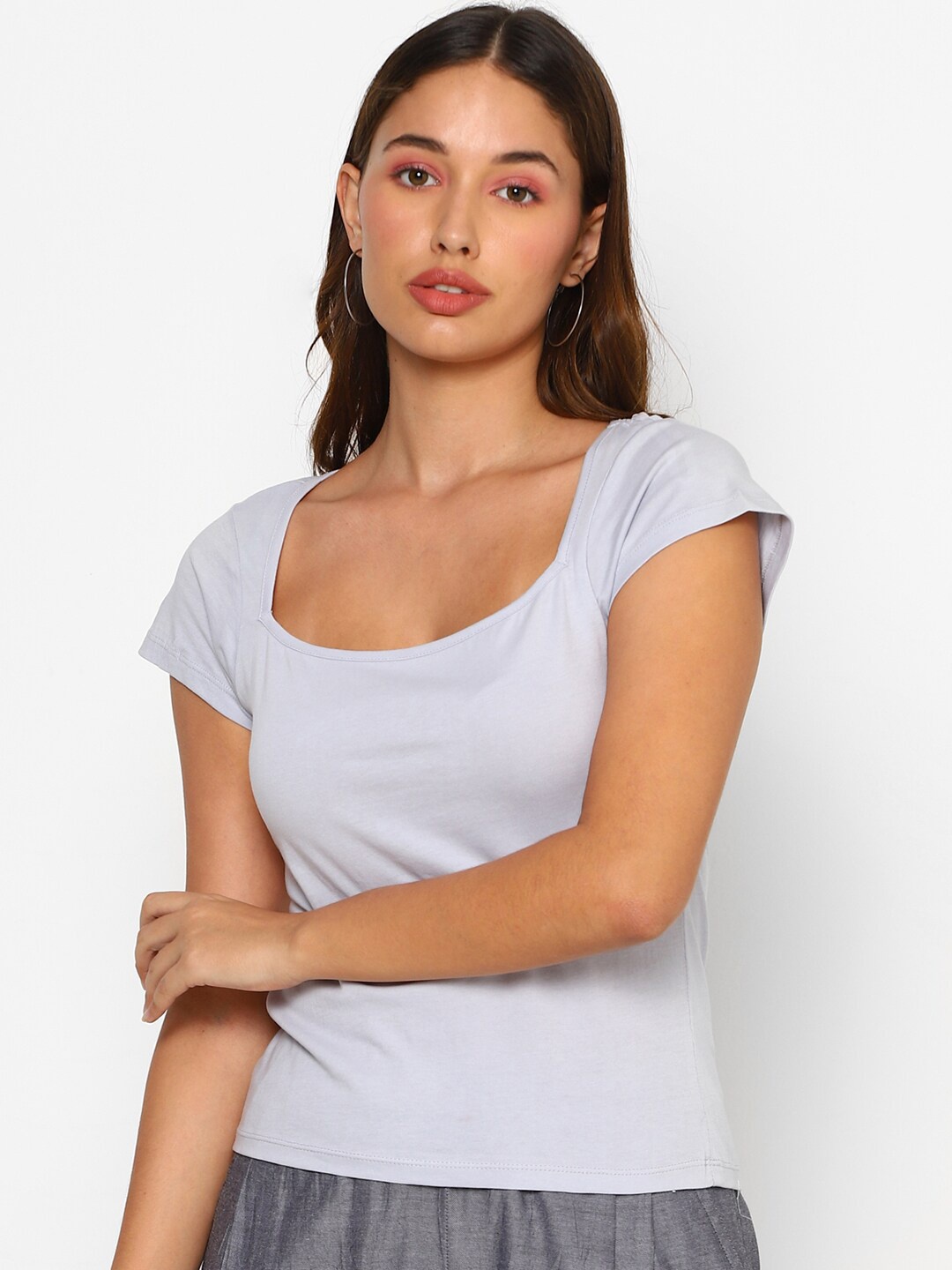 

FOREVER 21 Women Blue Scoop Neck Regular Knit Top