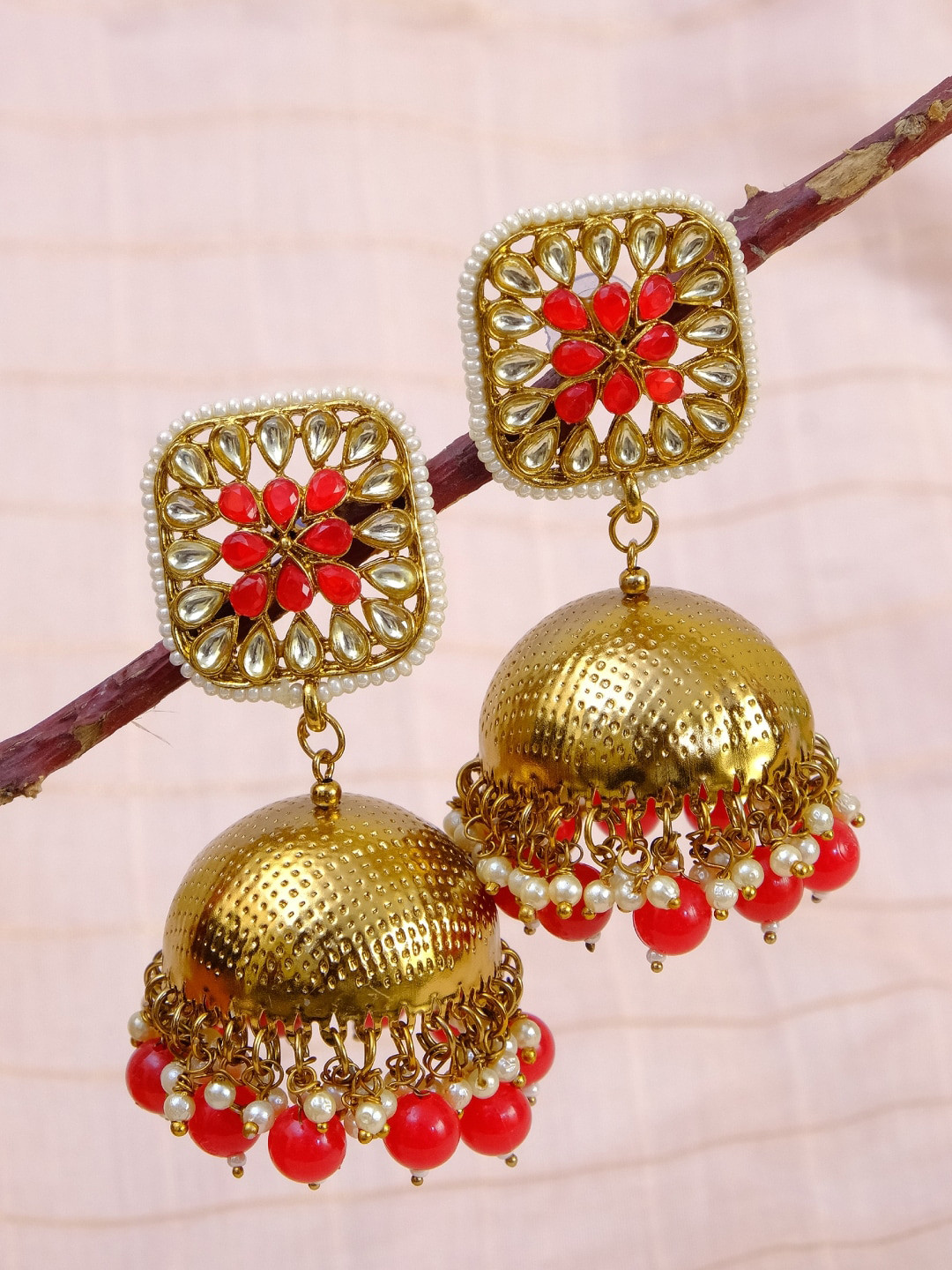 

Crunchy Fashion Red Gold-Toned Kundan & Artificial Stone studded Jhumka Earrings