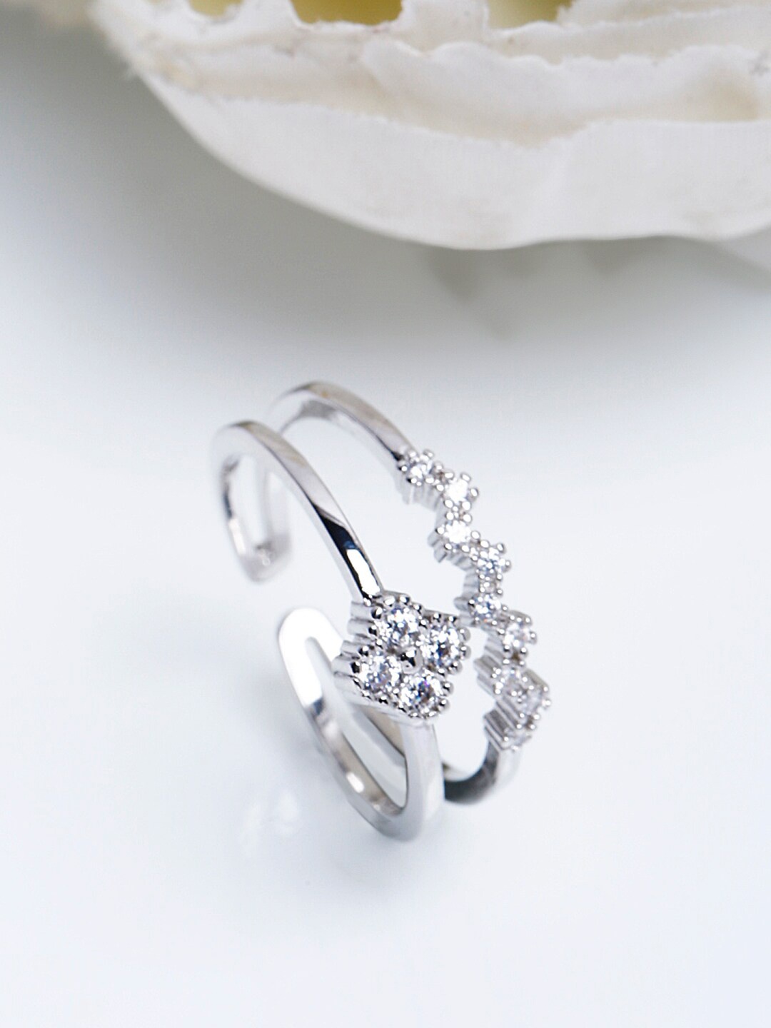 

Shining Diva Fashion Platinum-Plated Silver-Toned White CZ-Studded Adjustable Finger Ring