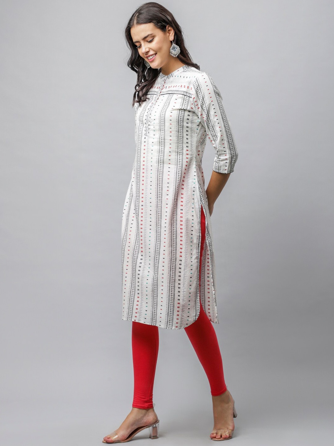 

HERE&NOW Women White & Grey Geometric Printed Pure Cotton Kurta