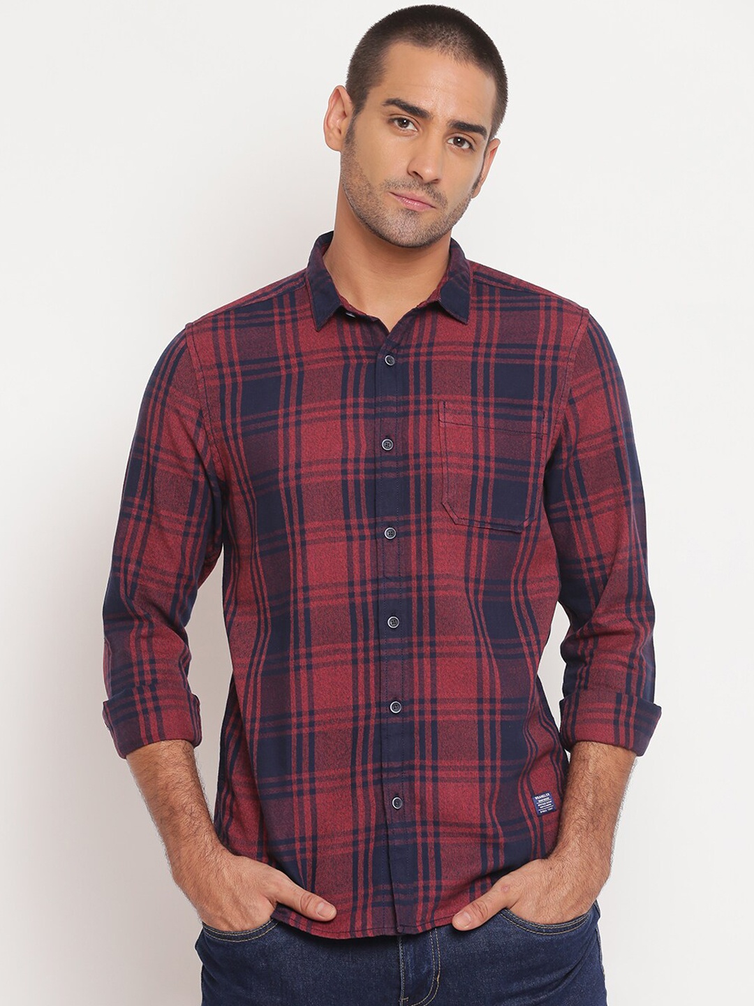 

Wrangler Men Maroon and Blue Slim Fit Tartan Checks Casual Shirt, Red