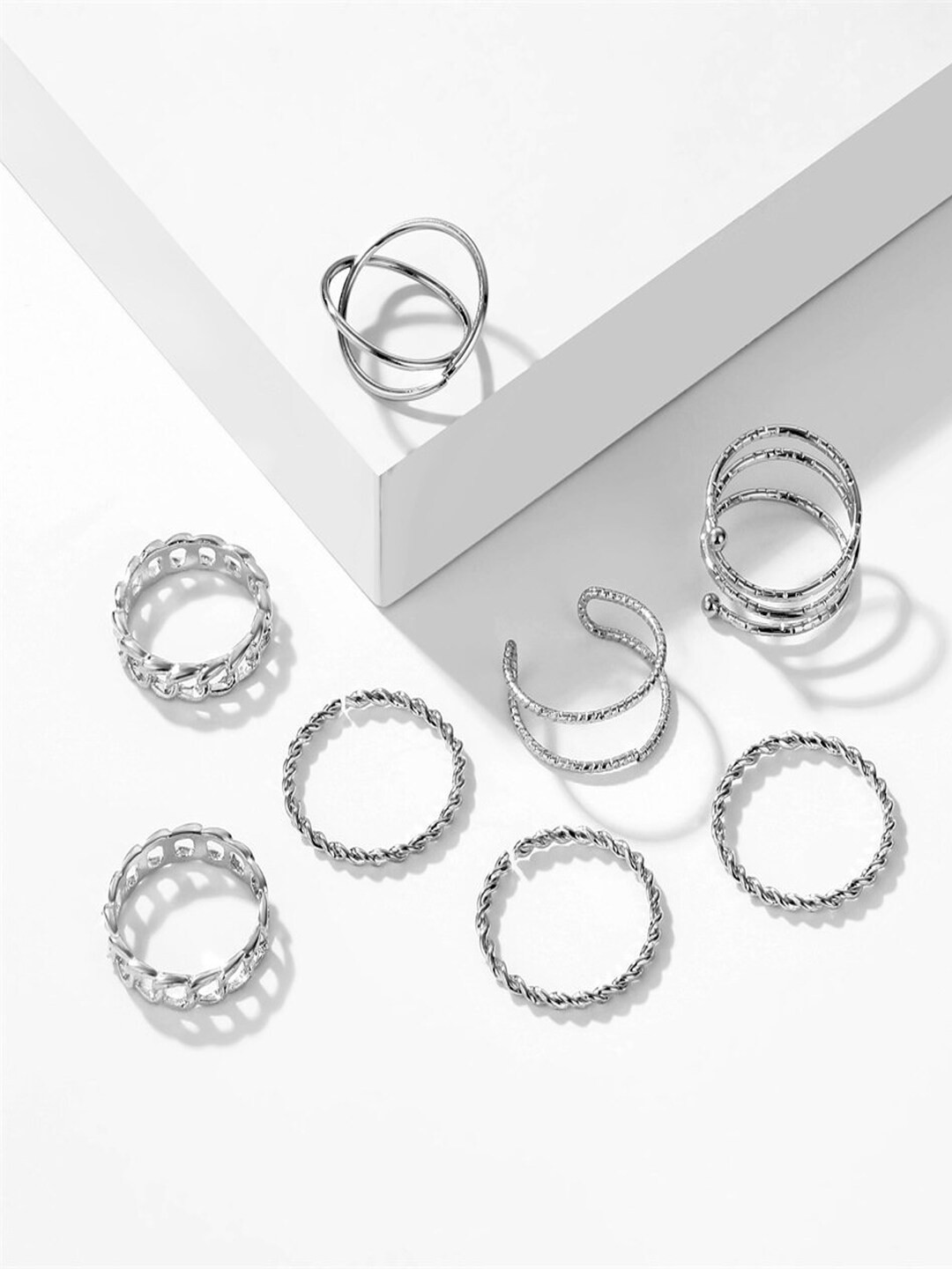 

Shining Diva Fashion Set Of 8 Oxidised Silver-Plated Boho Midi Finger Rings