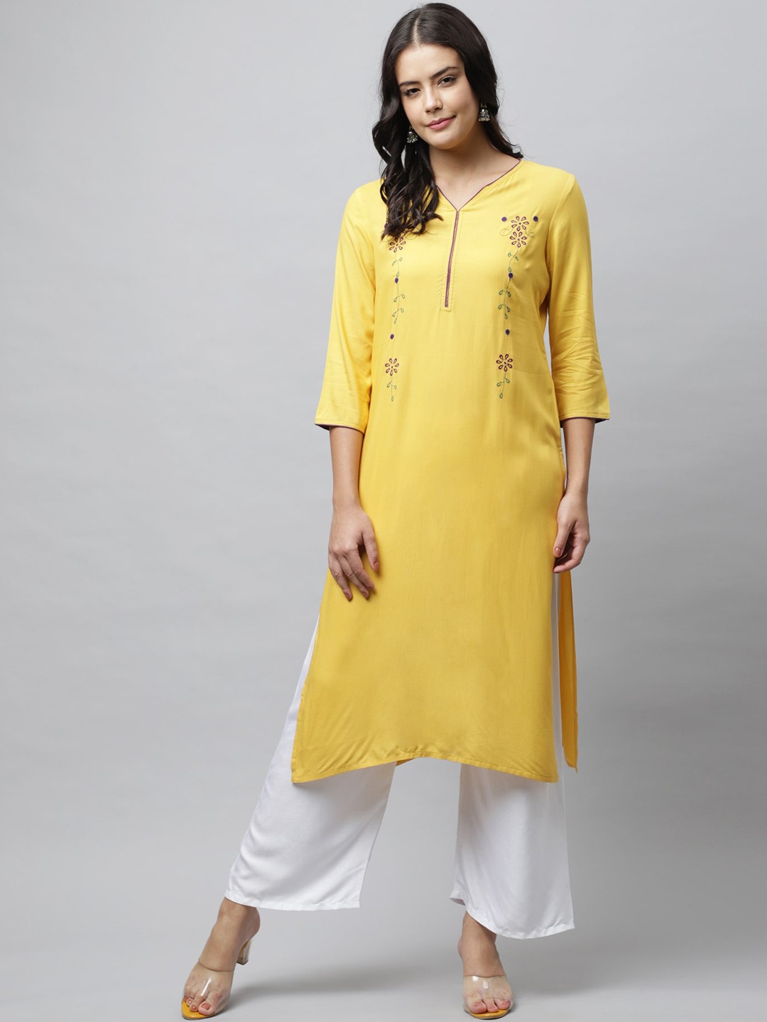 

HERE&NOW Women Mustard Yellow Floral Embroidered Kurta