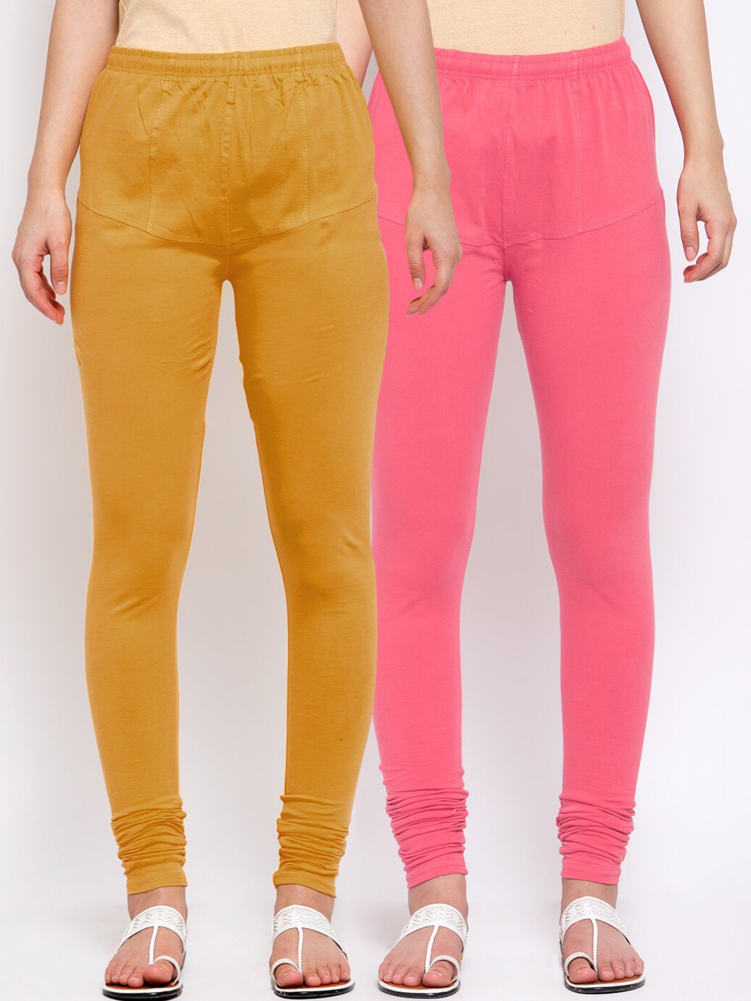 

KLOTTHE Women Pack Of 2 Solid Churidar-Length Cotton Leggings, Mustard