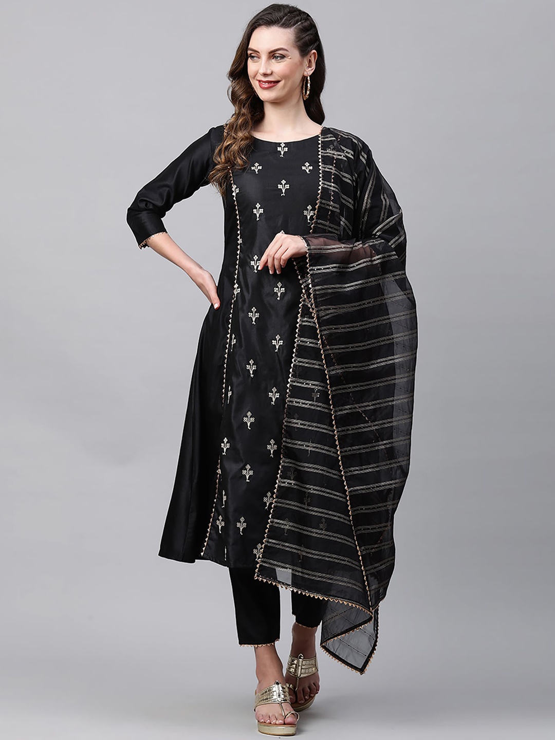 

Indo Era Women Black Floral Embroidered Gotta Patti Liva Kurta with Trousers & With Dupatta