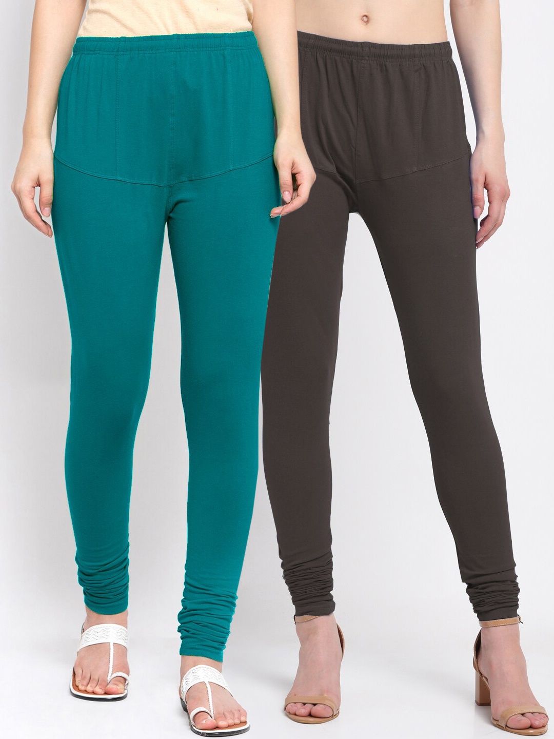

KLOTTHE Women Pack Of 2 Brown & Teal Green Solid Cotton Churidar-Length Leggings