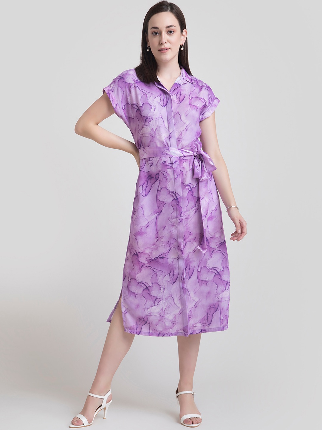 FableStreet Women Purple Abstract Shirt Collar Midi Dress