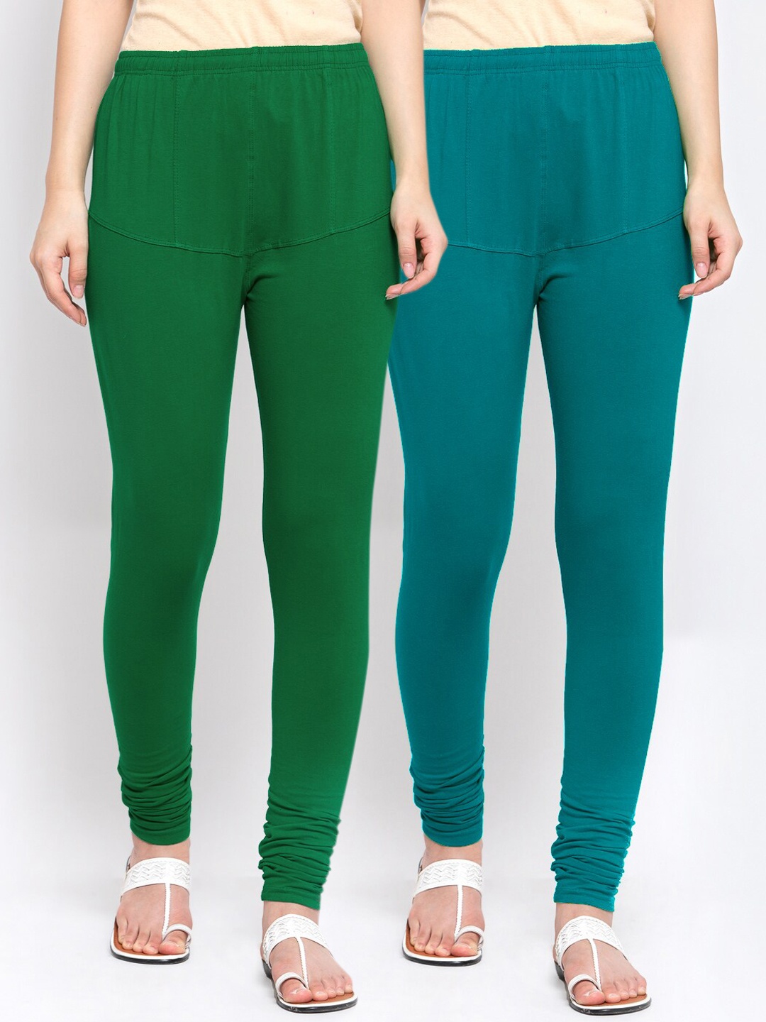 

KLOTTHE Women Pack Of 2 Green & Teal Blue Solid Cotton Churidar-Length Leggings