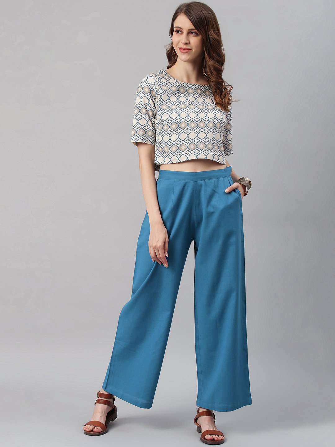 

Janasya Women Off White Printed Flex Top with Palazzos