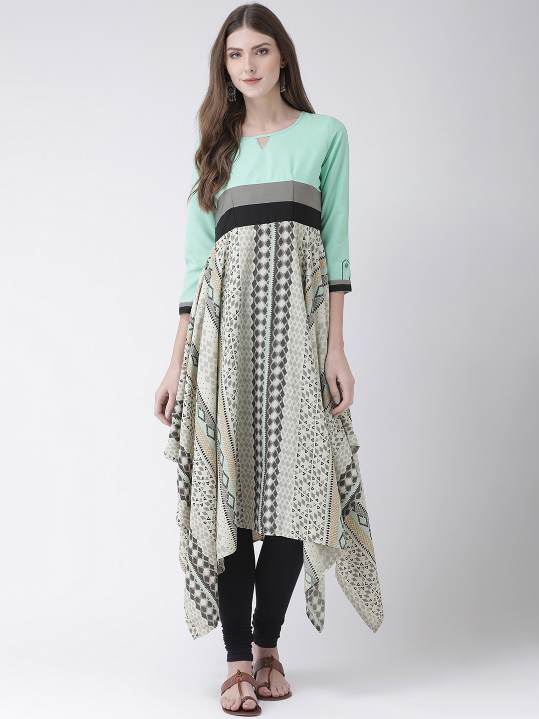 

Span Women Sea Green Geometric Printed Keyhole Neck A-Line Fusion Kurta