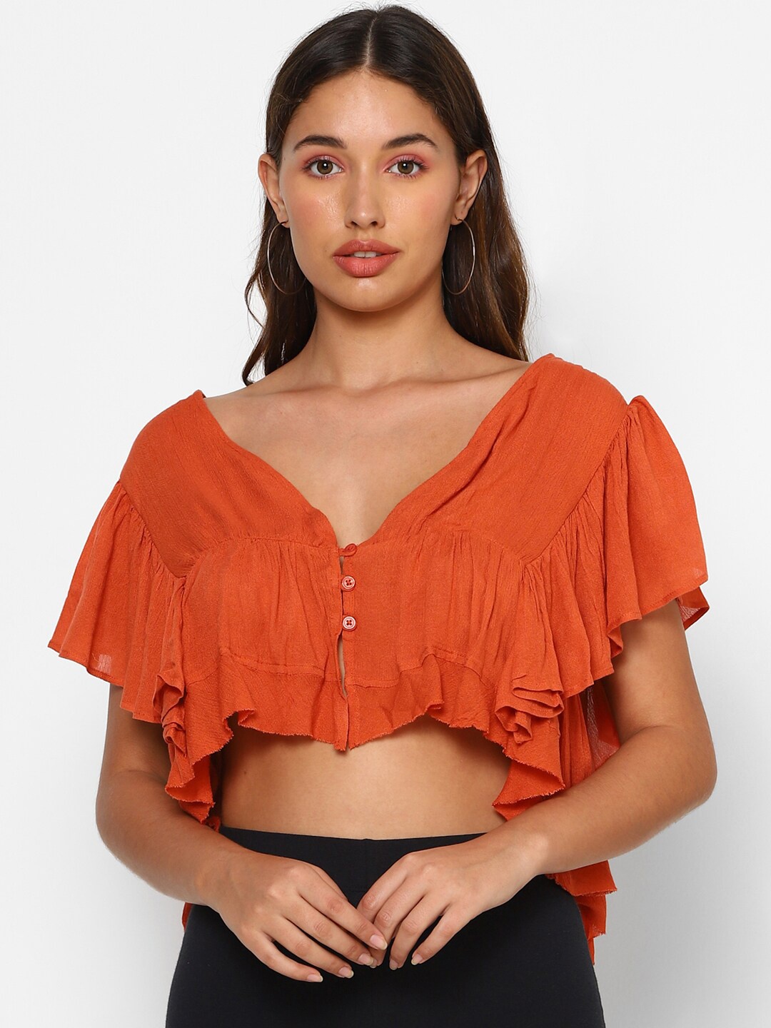 

FOREVER 21 Orange Flutter Sleeve Regular Crop Top