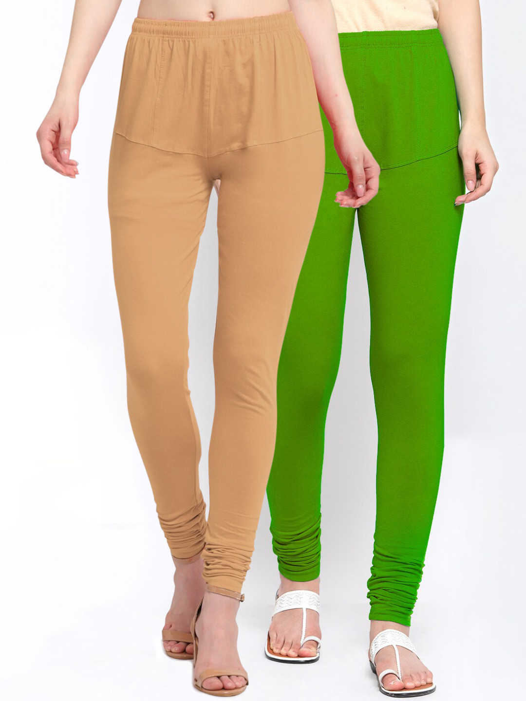 

KLOTTHE Women Pack of 2 Solid Cotton Churidar-Length Leggings, Green