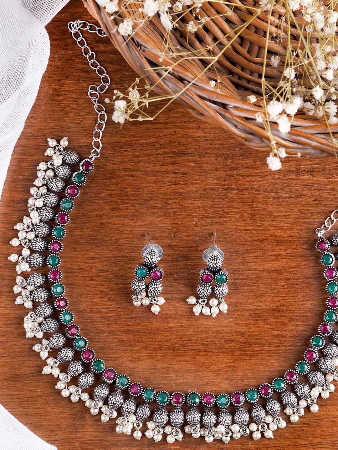 

TEEJH Oxidised Silver-Plated Pink & Green Stone-Studded & Beaded Jewellery Set