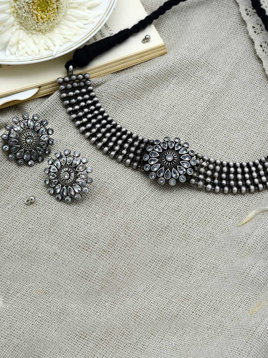 

TEEJH Oxidised Silver-Plated White Stone-Studded Jewellery Set