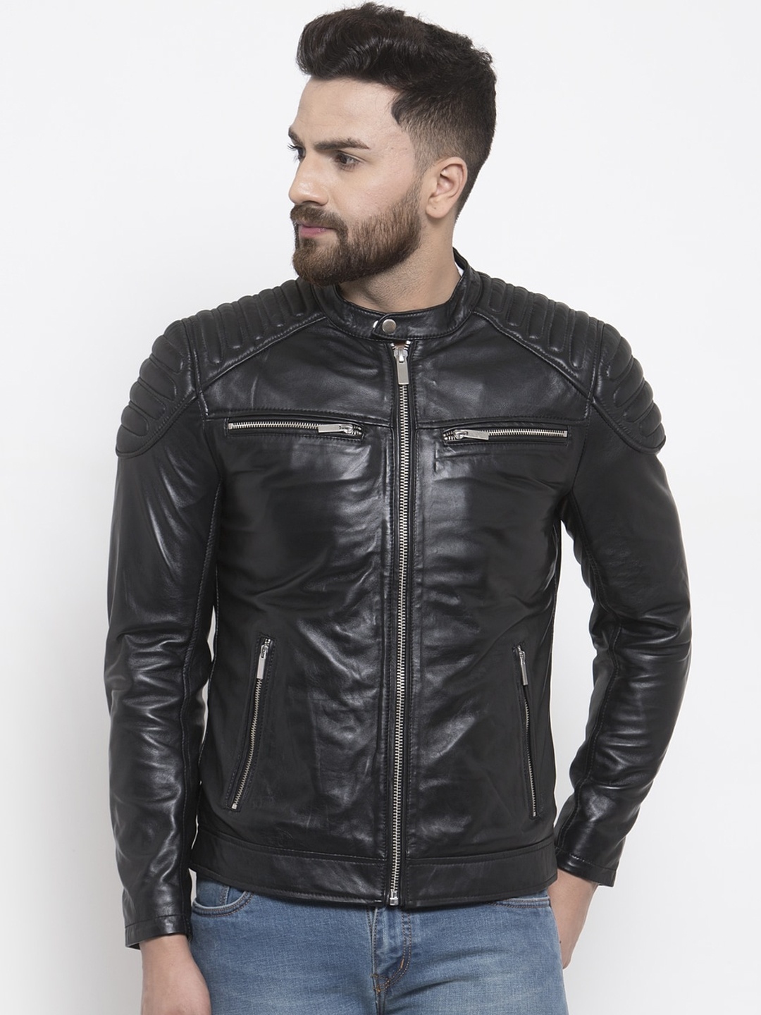 

WELBAWT Men Black Lightweight Leather Jacket