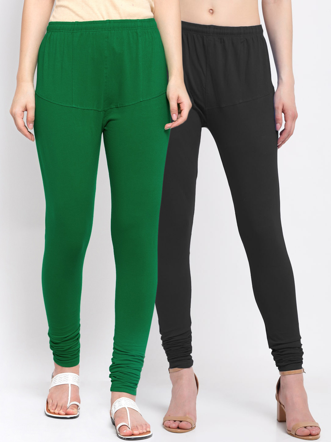 

KLOTTHE Women Pack Of 2 Black & Green Solid Cotton Churidar-Length Leggings