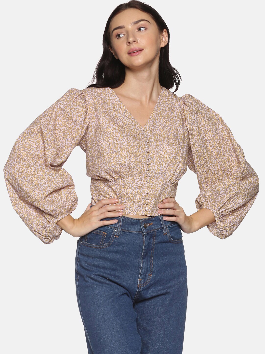 

ISU Women Beige And Yellow Ditsy Printed Pure Cotton Top