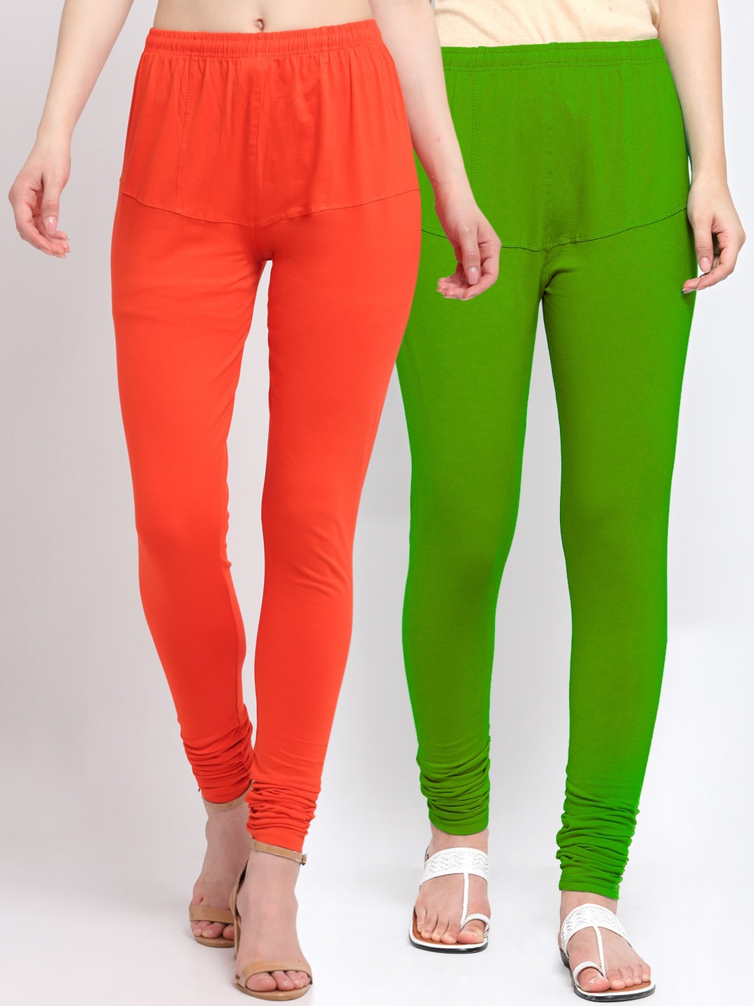 

KLOTTHE Women Pack Of 2 Orange & Green Solid Churidar-Length Cotton Leggings