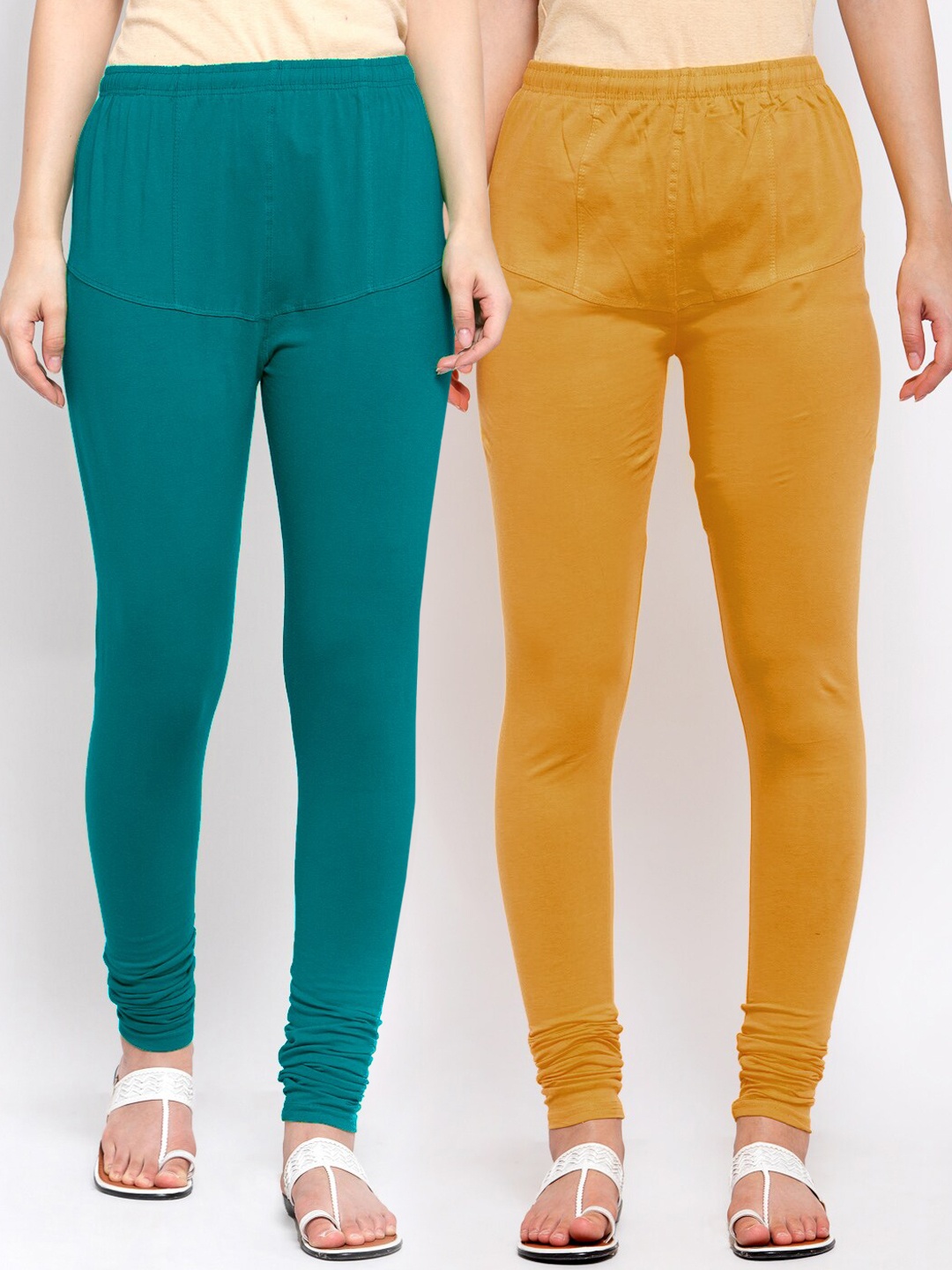 

KLOTTHE Women Pack Of 2 Solid Churidar-Length Cotton Leggings, Mustard