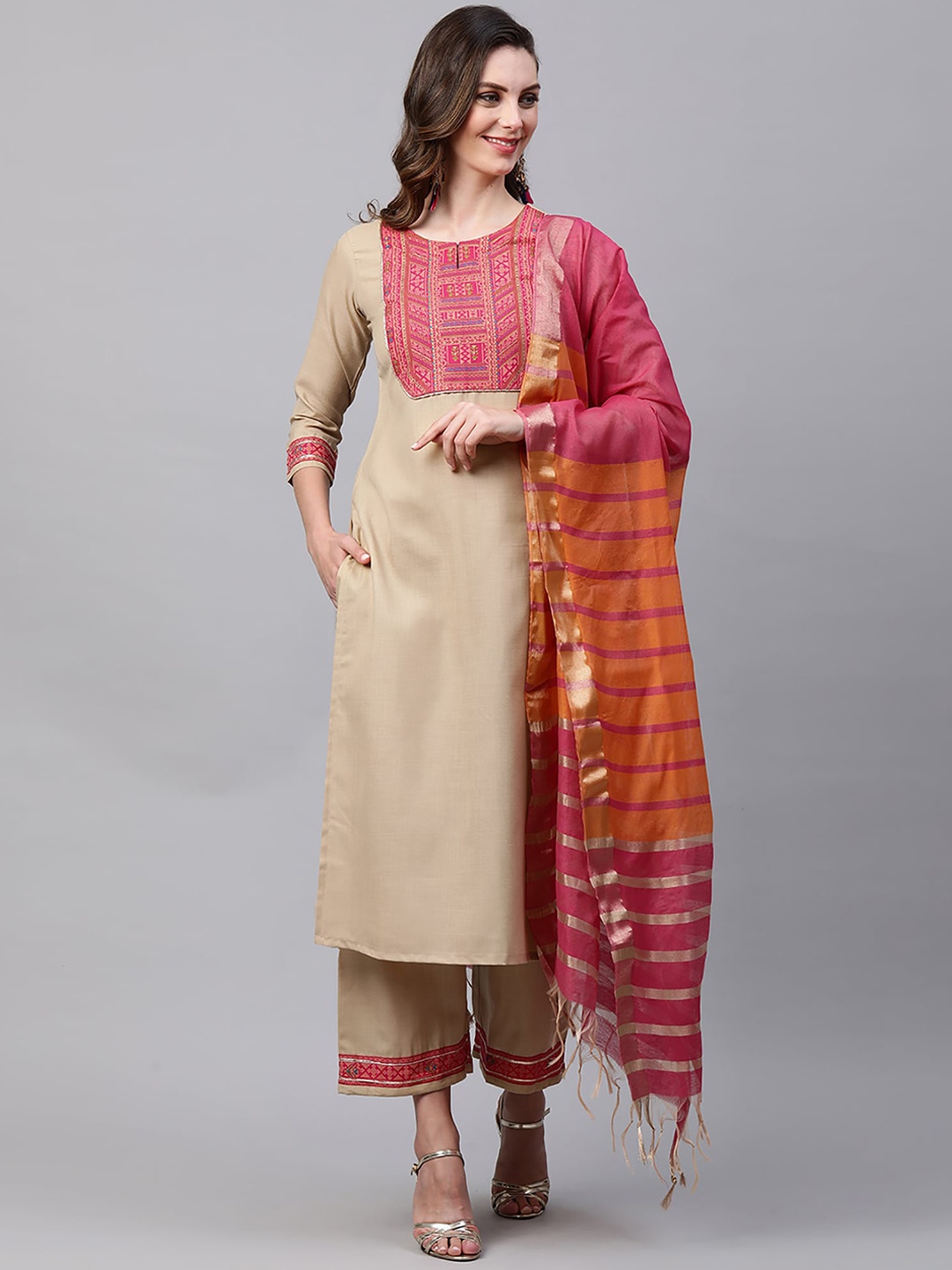 

Indo Era Women Beige Yoke Design Panelled Kurta with Palazzos & With Dupatta