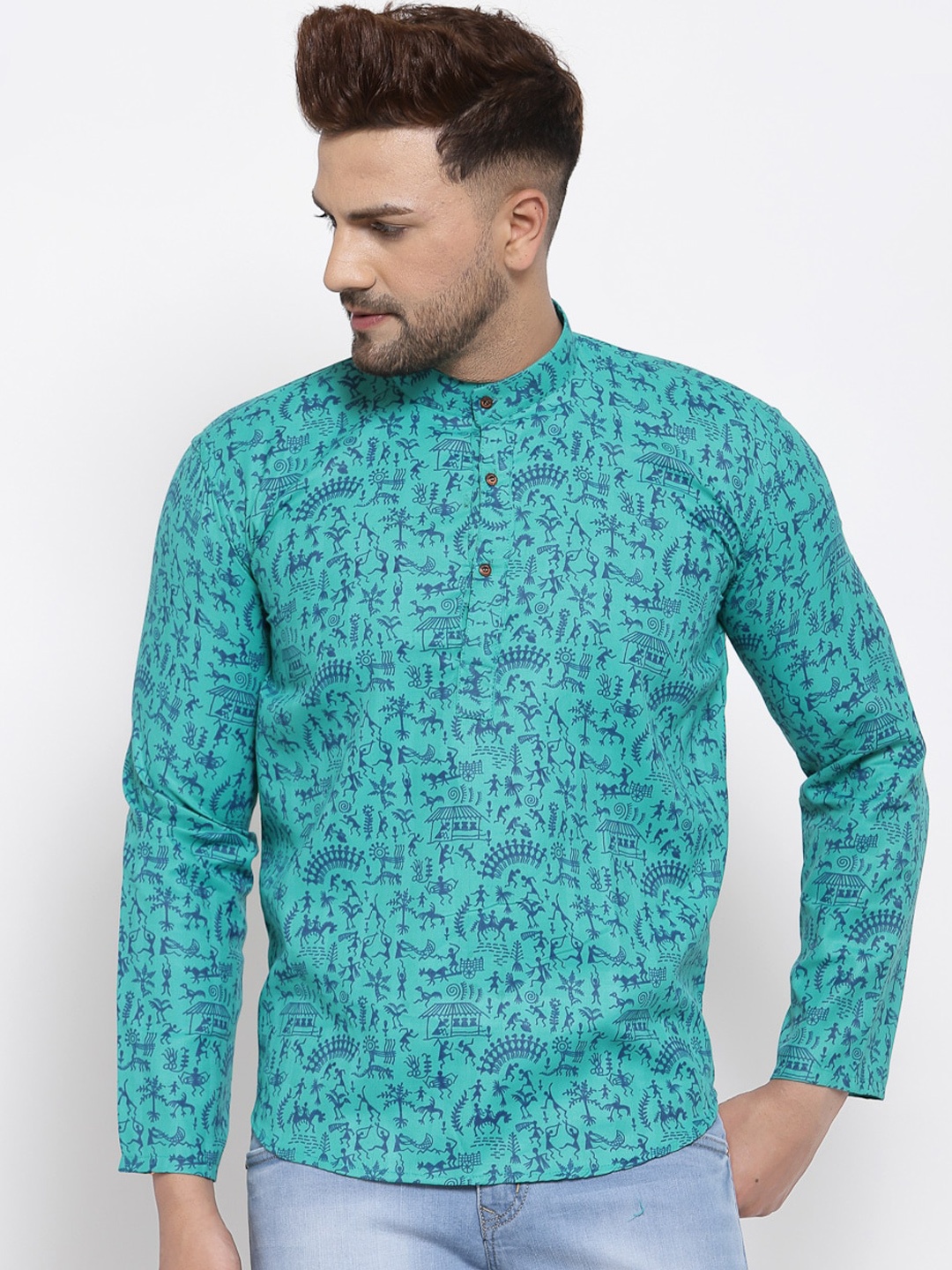 

MAXENCE Men Turquoise Tribal Art Blue Kurta, Turquoise blue