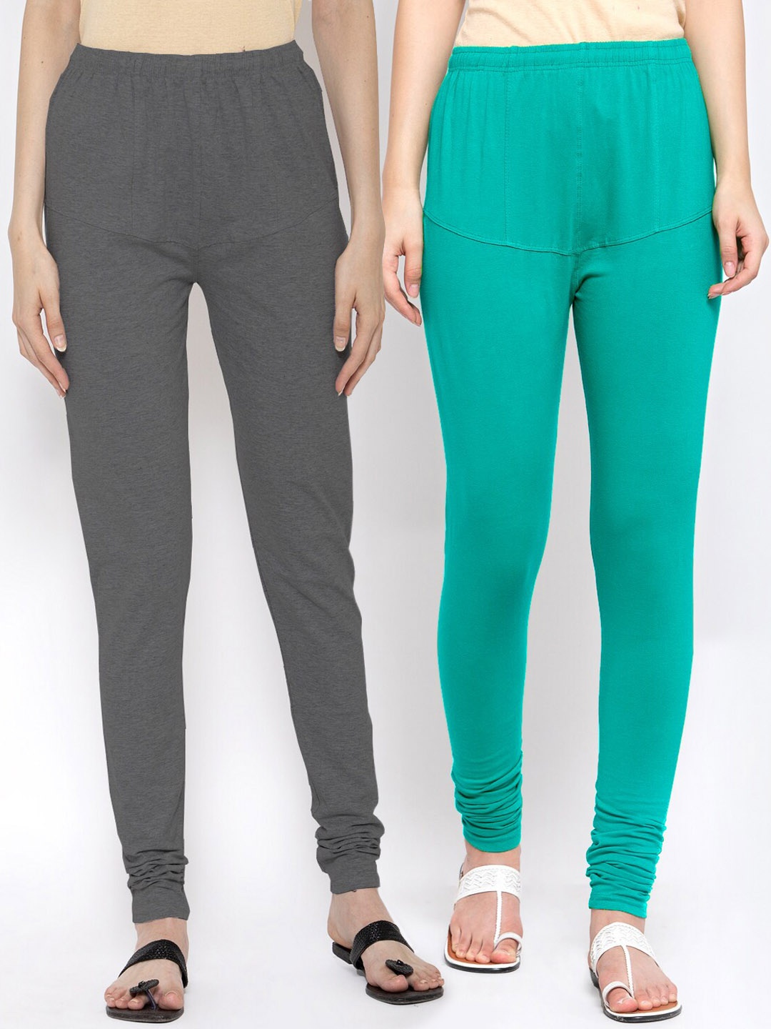 

KLOTTHE Women Pack Of 2 Grey & Sea Green Solid Churidar-Length Cotton Leggings