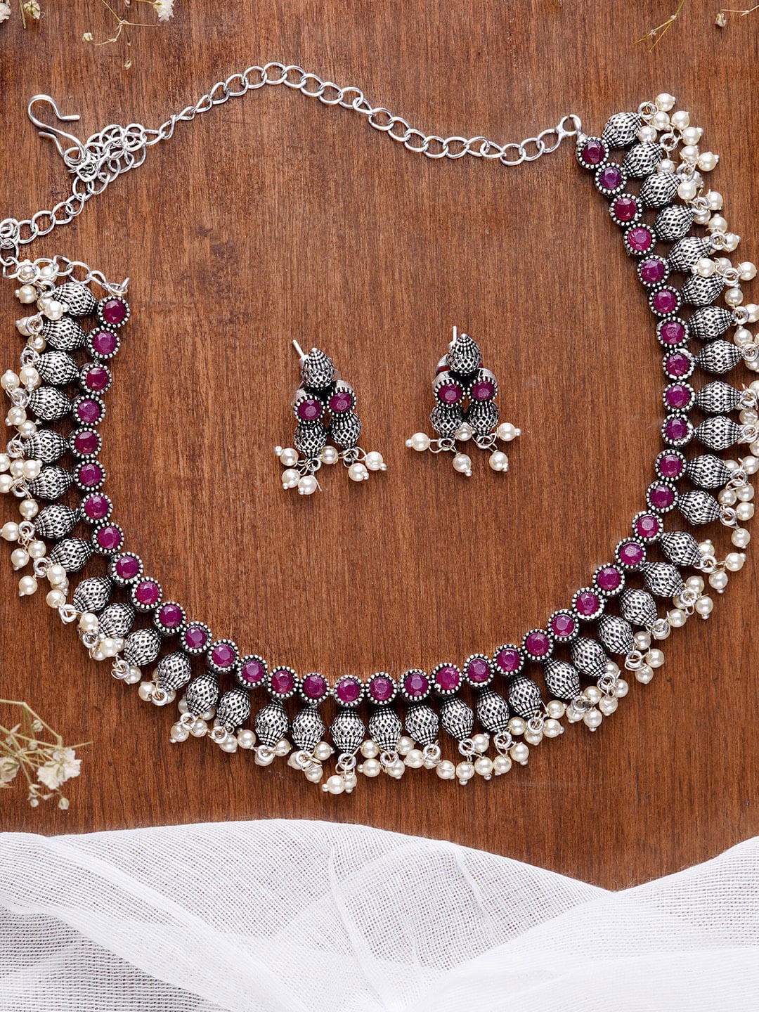 

TEEJH Oxidized Silver-Plated Magenta Pink & White Stone-Studded Pearl Beaded Jewellery Set
