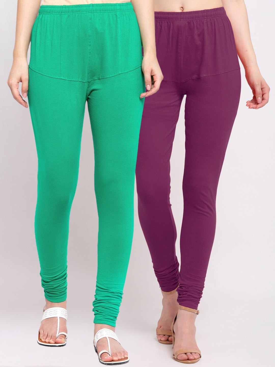 

KLOTTHE Women Pack of 2 Solid Cotton Churidar-Length Leggings, Sea green