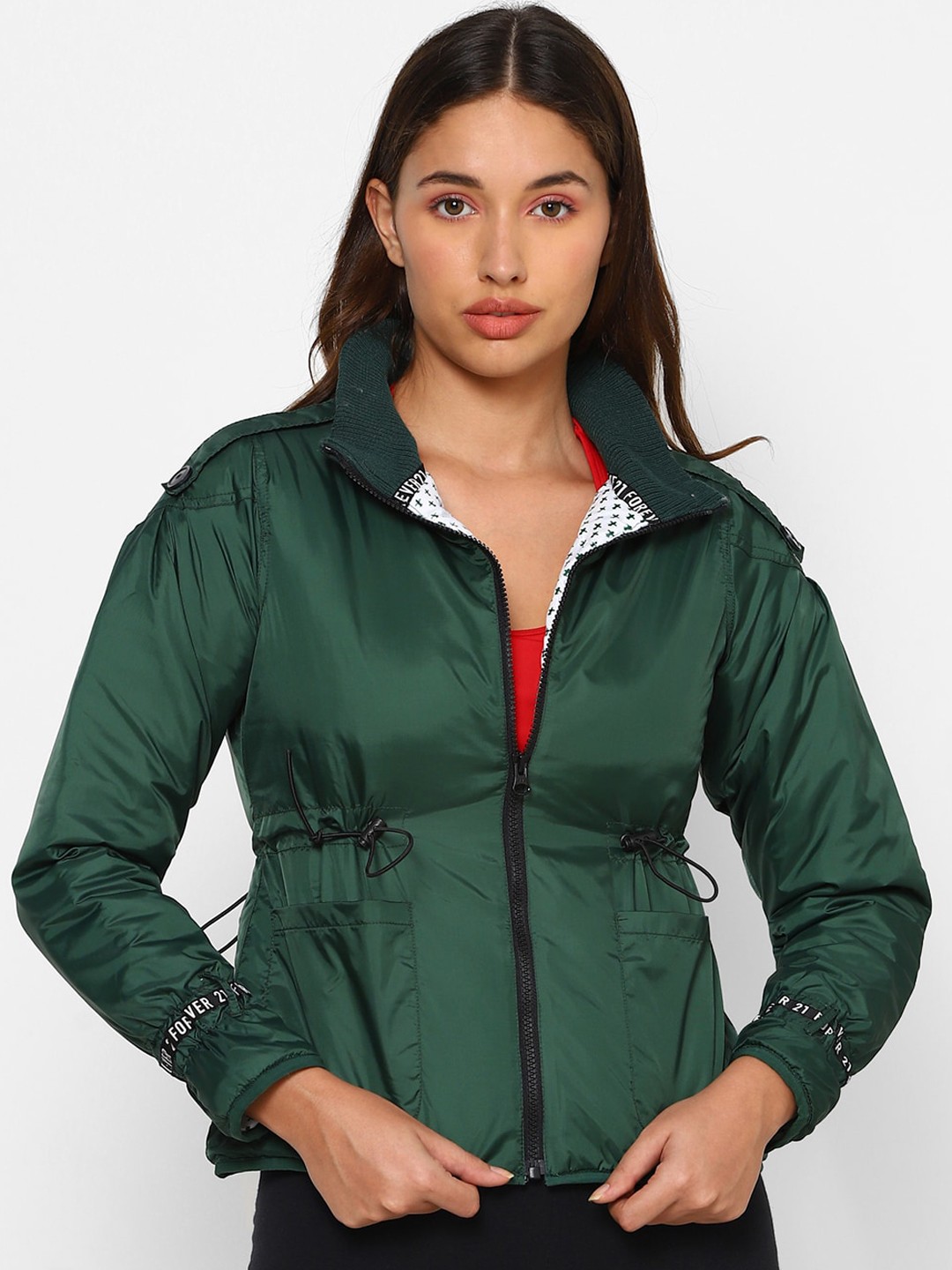 

FOREVER 21 Women Green Solid Bomber Jacket