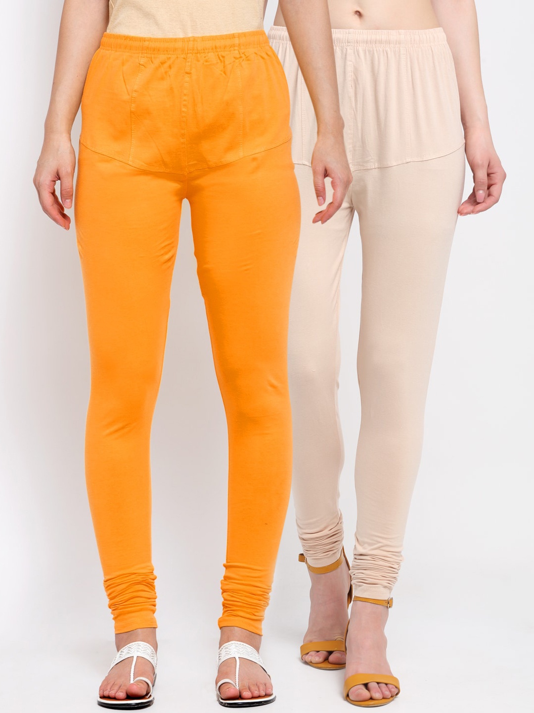 

KLOTTHE Women Pack Of 2 Orange & Nude-Coloured Solid Churidar-Length Cotton Leggings