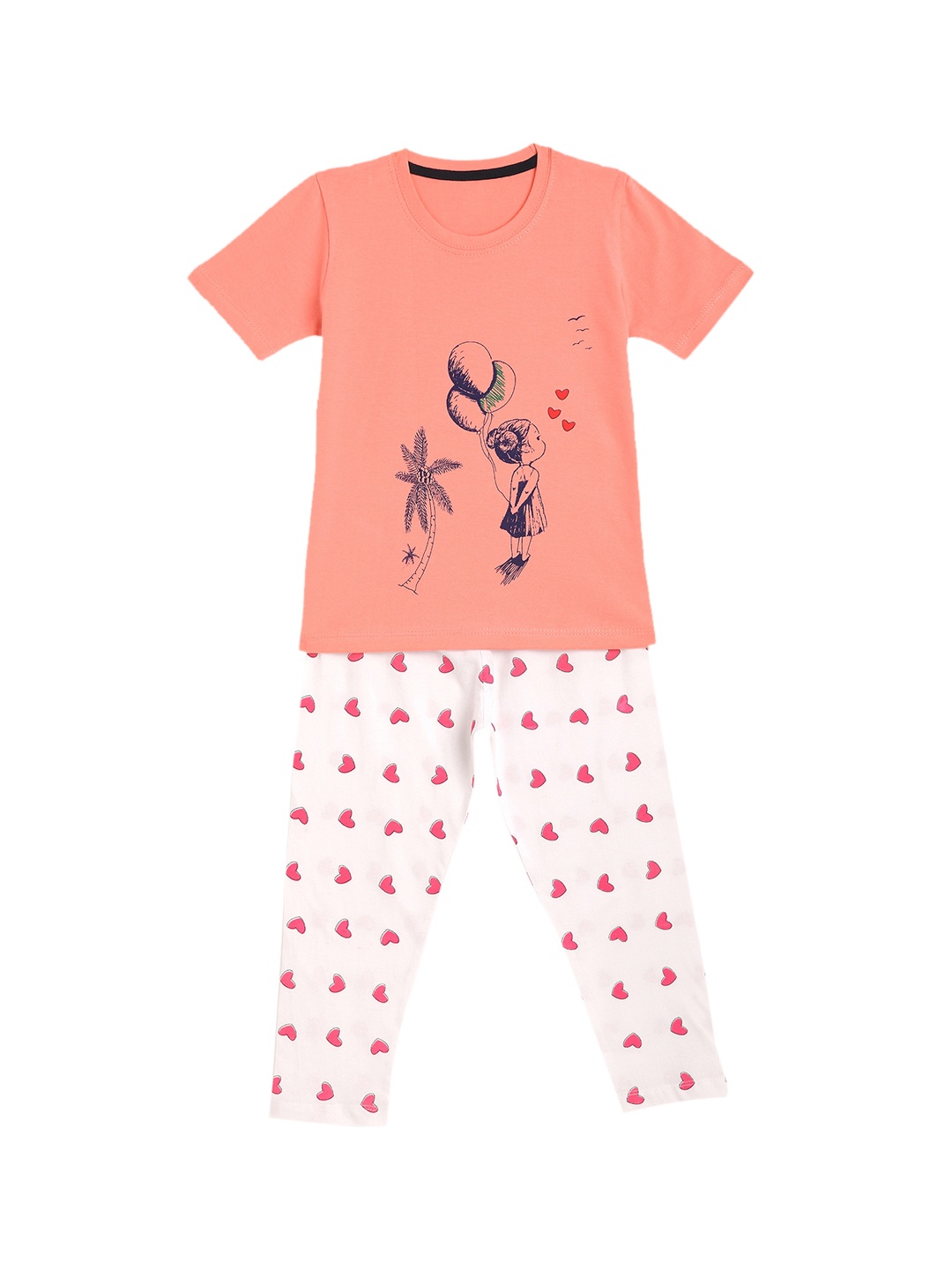 

YK Girls Peach-Coloured & White Girl with Balloon Print Night suit