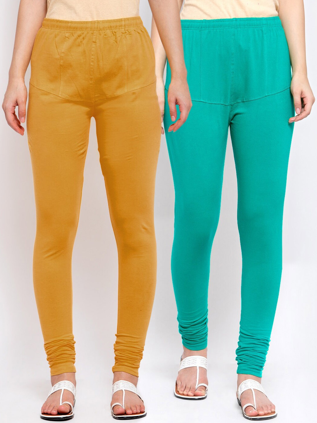 

KLOTTHE Women Pack of 2 Solid Cotton Churidar-Length Leggings, Mustard