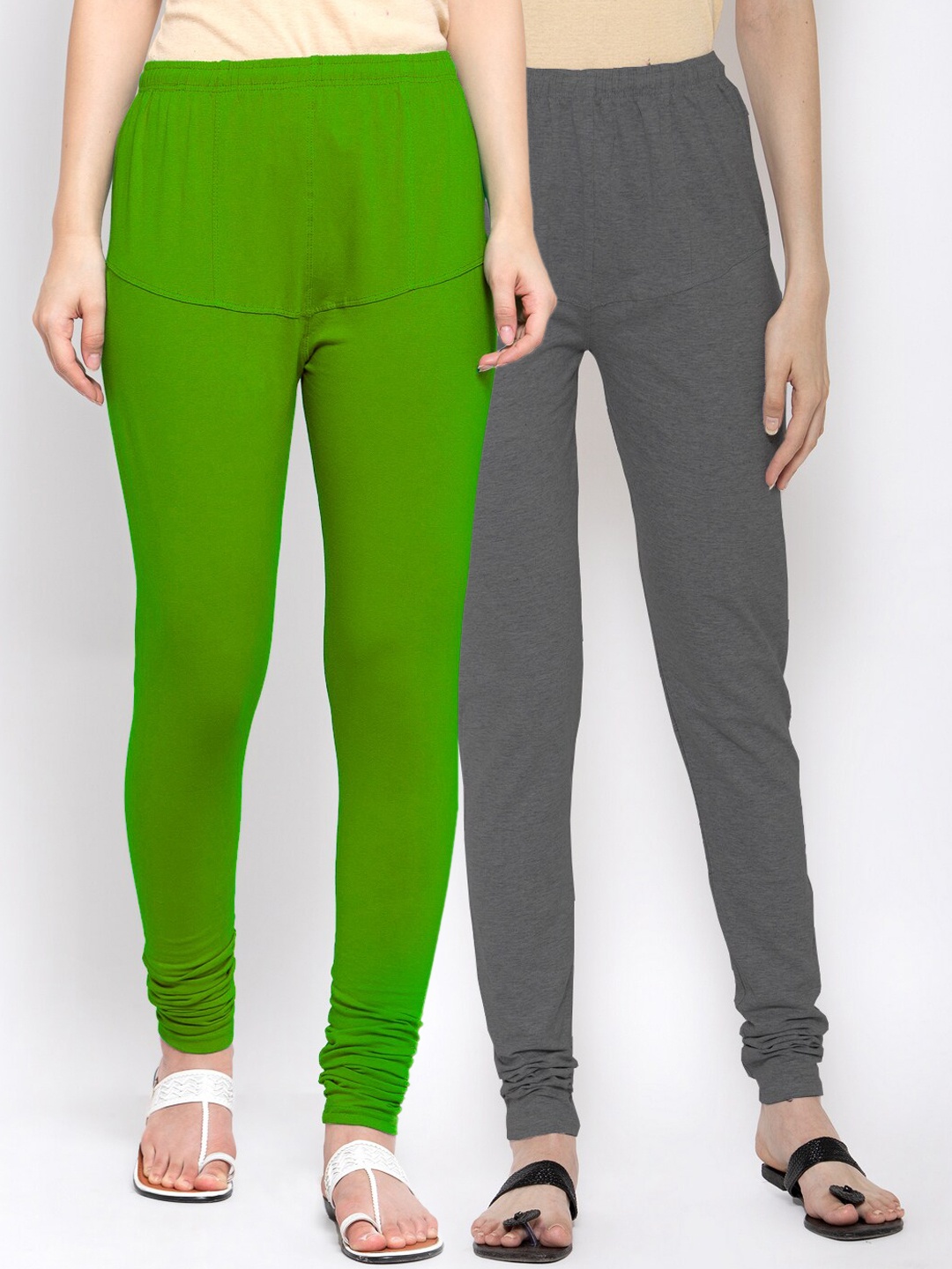 

KLOTTHE Women Pack Of 2 Solid Churidar-Length Cotton Leggings, Lime green