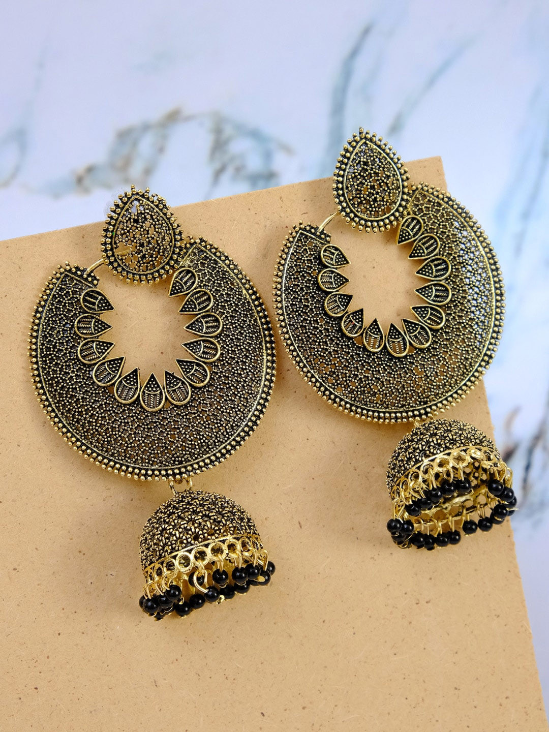 

Crunchy Fashion Black Gold-Toned Artificial Stone Studded Contemporary Jhumkas Earrings