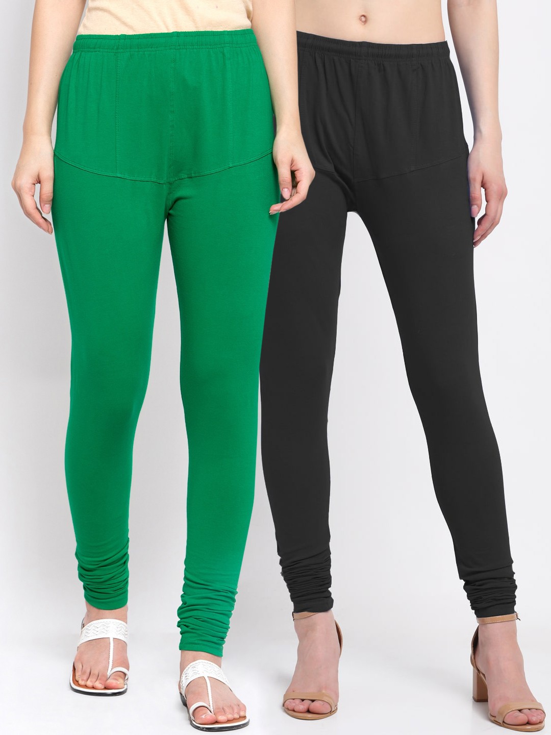 

KLOTTHE Women Pack of 2 Black & Green Solid Cotton Churidar-Length Leggings