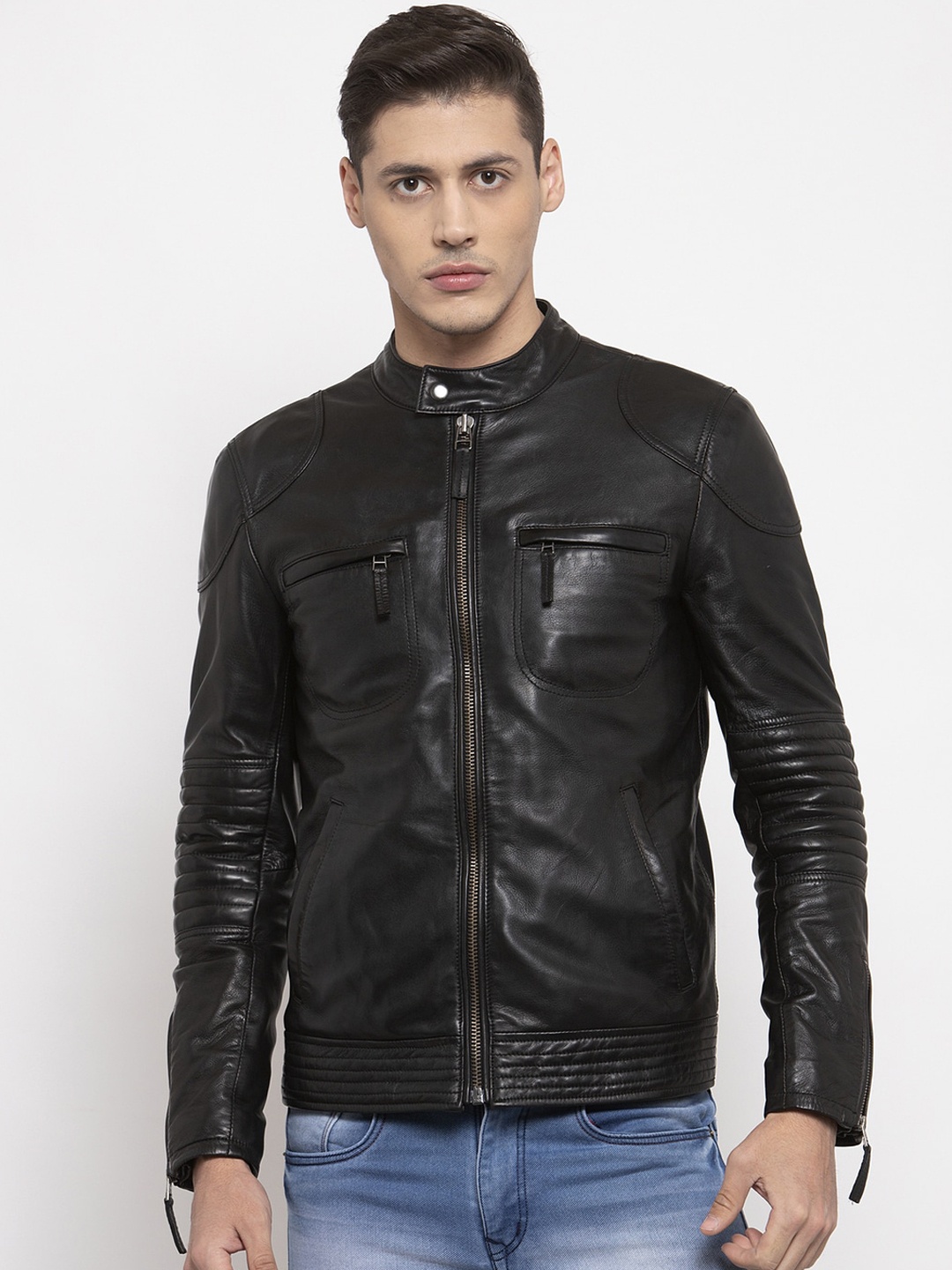 

WELBAWT Men Black Leather Lightweight Biker Jacket