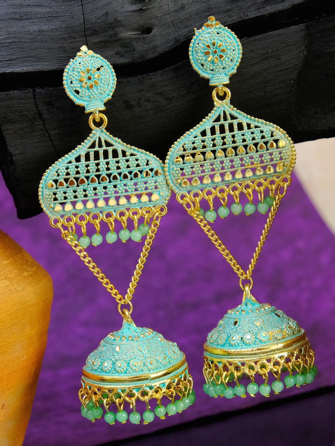 

Crunchy Fashion Gold-Toned & Sea Green Studded Classic Jhumkas Earrings
