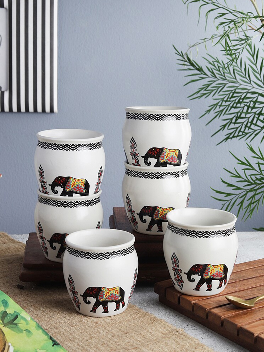 

The Decor Mart White & Black Printed 6 Ceramic Glossy Kulladhs Set