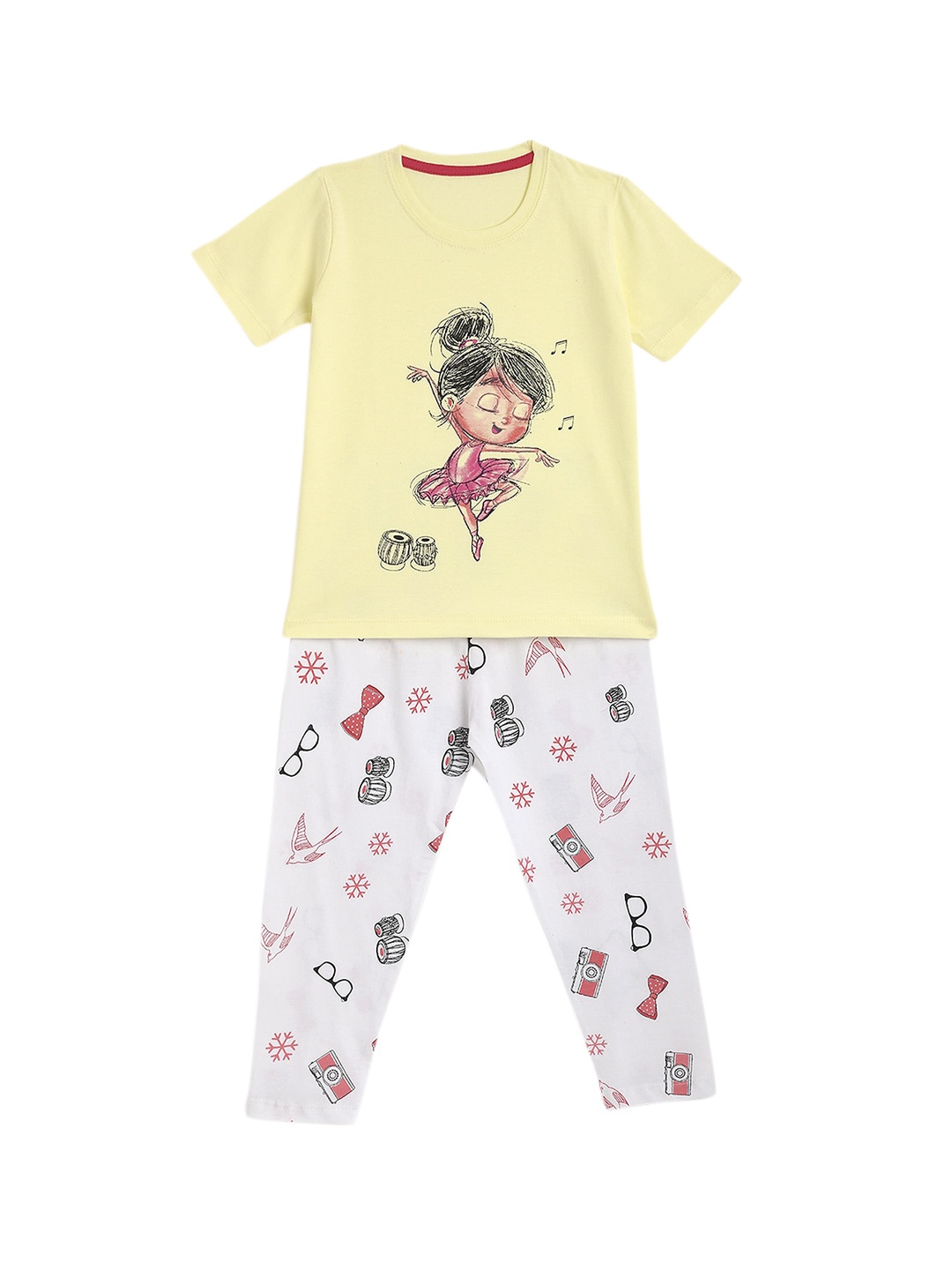 

YK Girls Yellow & White Dancing Doll Print Night Suit