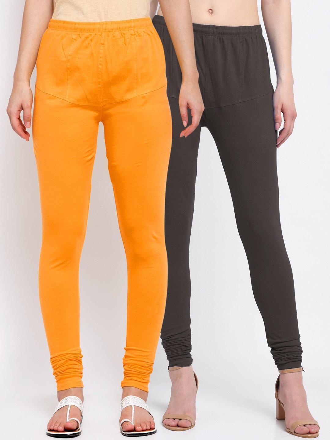 

KLOTTHE Women Pack of 2 Brown & Orange Solid Cotton Churidar-Length Leggings