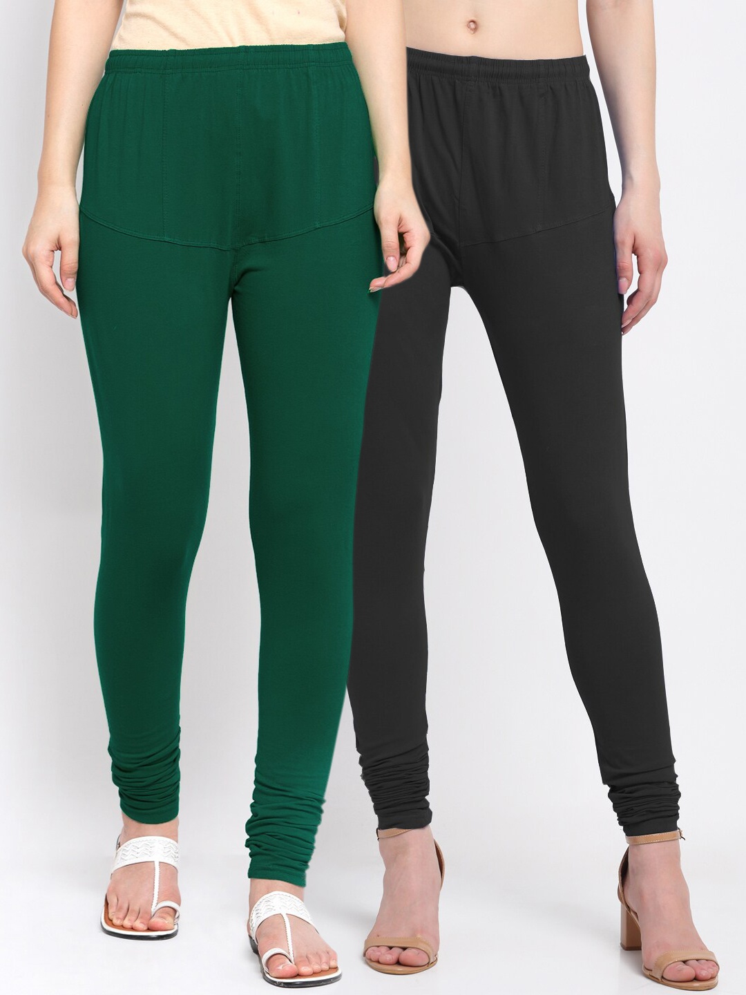 

KLOTTHE Women Pack Of 2 Black & Green Solid Cotton Churidar-Length Leggings