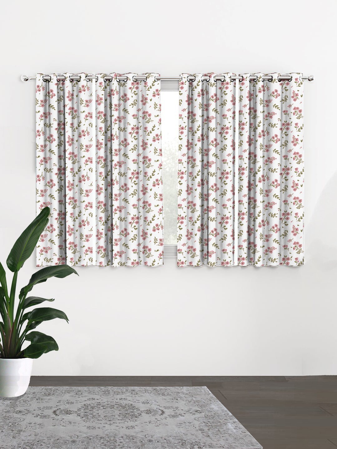 HOUZZCODE Off White & Pink Set of 4 Floral Black Out Window Curtain