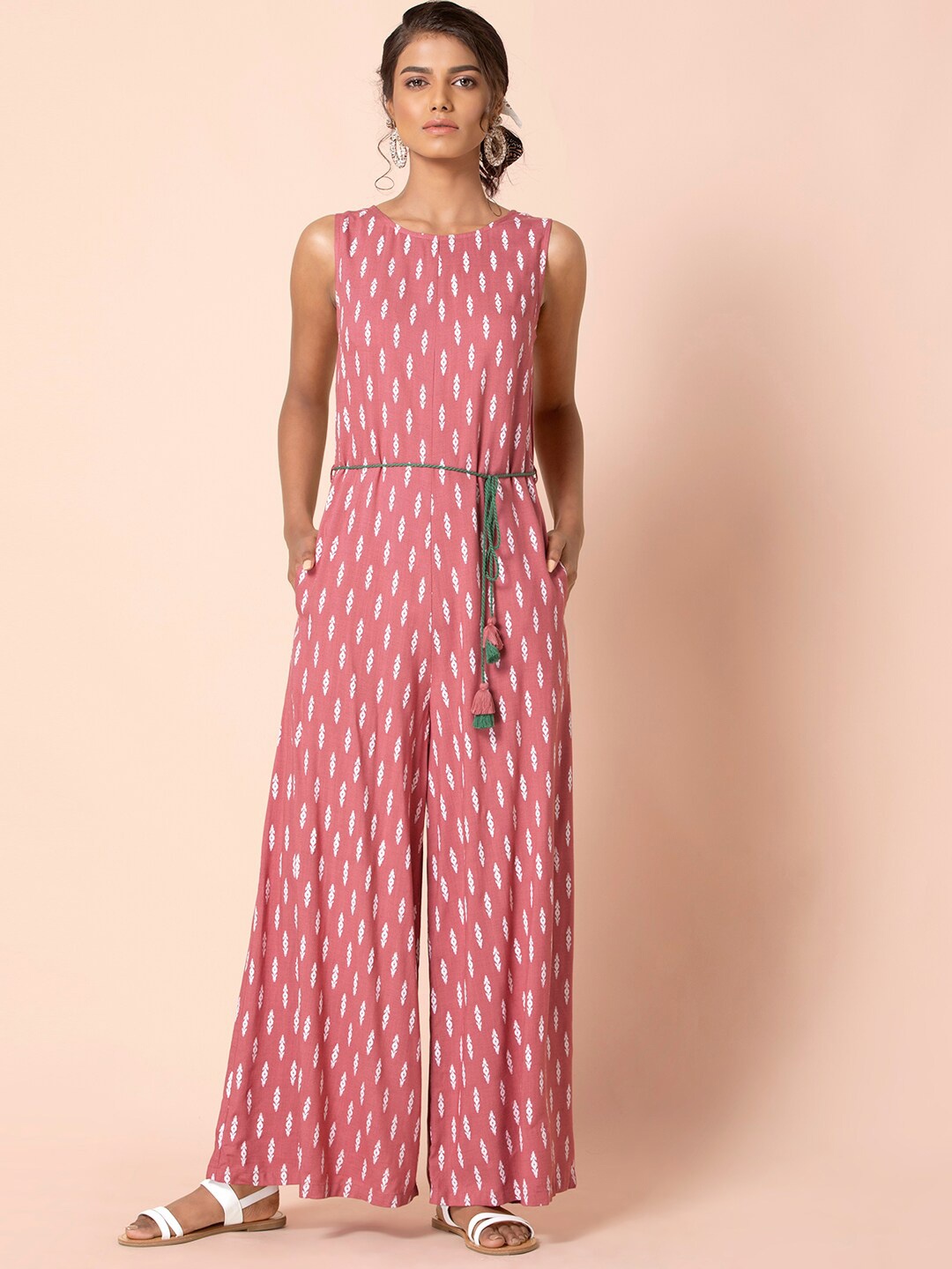 

Earthen BY INDYA Pink Ikat Dori Belt Flared Jumpsuit