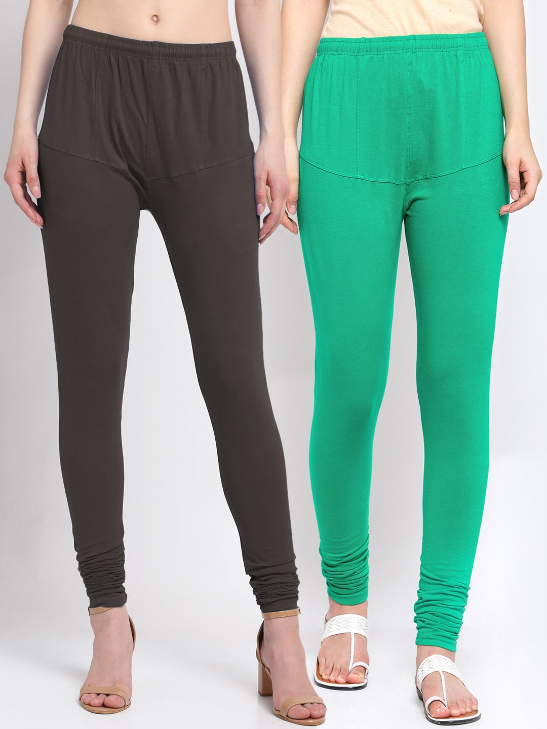 

KLOTTHE Women Pack Of 2 Brown & Sea Green Solid Cotton Churidar-Length Leggings