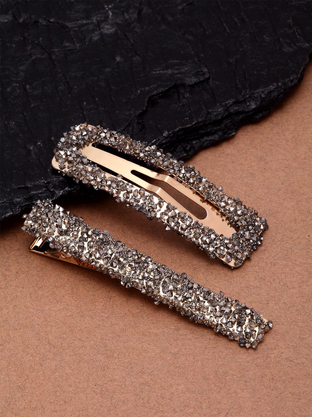 

Ferosh Women Grey & Gold-Toned Set of 2 Embellished Alligator Hair Clip