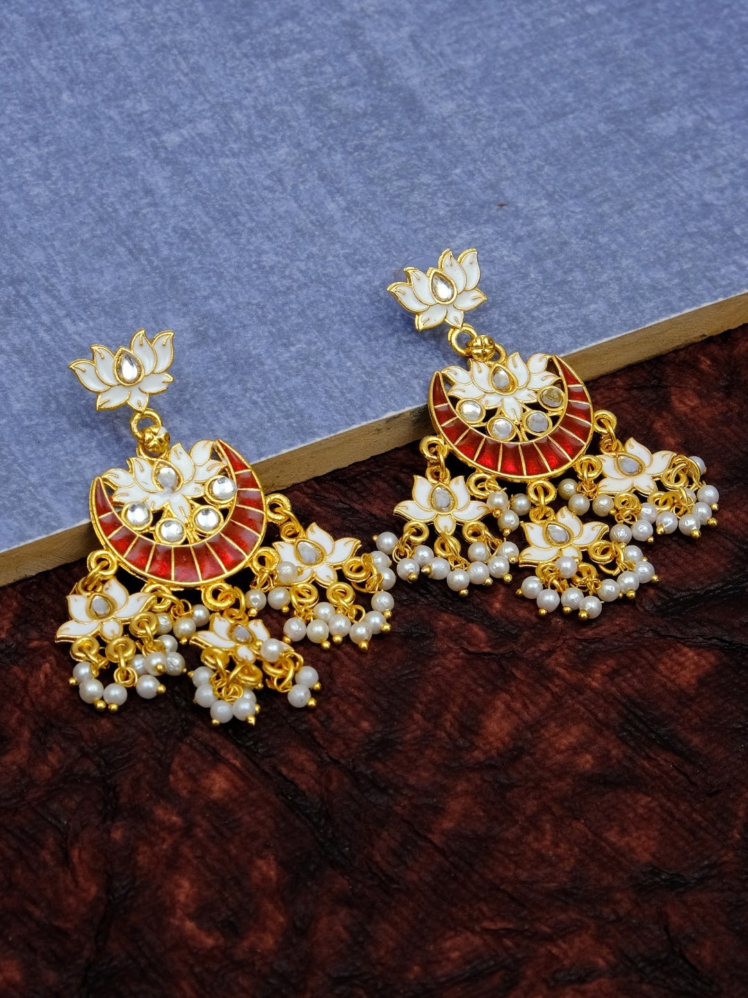 

Crunchy Fashion Gold-Toned & Brown Contemporary Meenakari Chandbalis Earrings