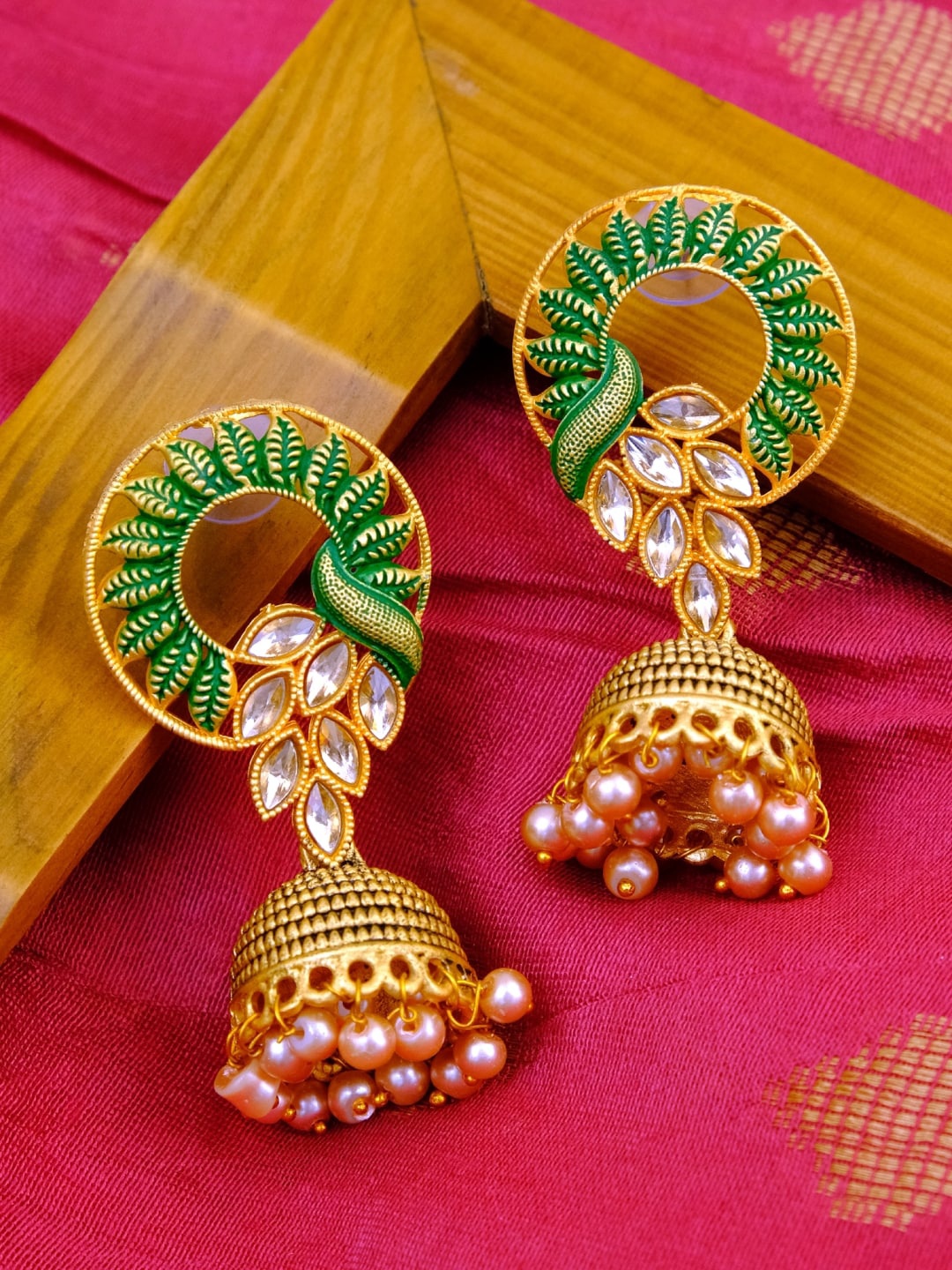 

Crunchy Fashion Gold-Toned & Green Classic Jhumkas Earrings
