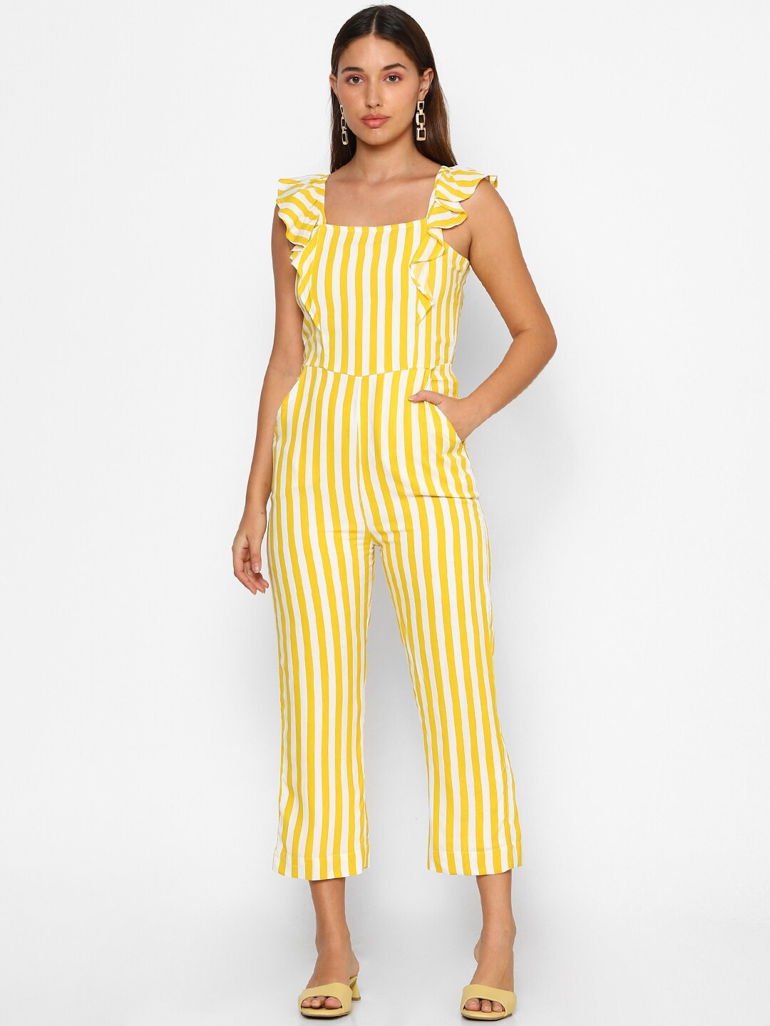 

FOREVER 21 Yellow & White Striped Basic Jumpsuit